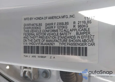 2018 Honda Accord Sport z USA, uszkodzony, nr VIN 1HGCV1F36JA042921